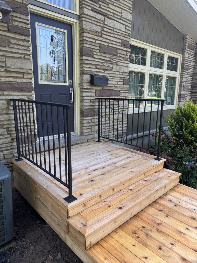 Wrought iron railing on a wooden deck
